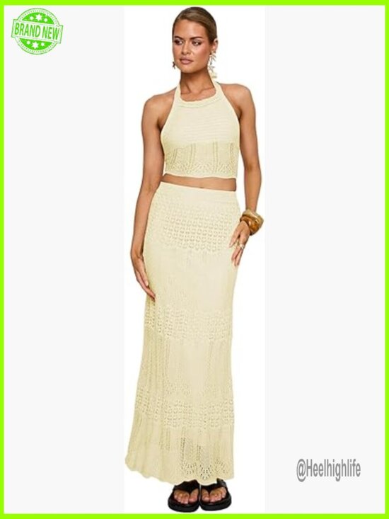 Dresses & Skirts - Crochet Knit Skirt Set, Halter Crop Top, Maxi Skirt, Hand Wash Only